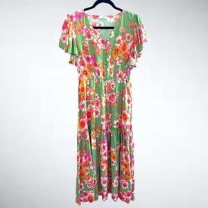 Easel Los Angeles Ruffled Sleeves Floral Midi Dress